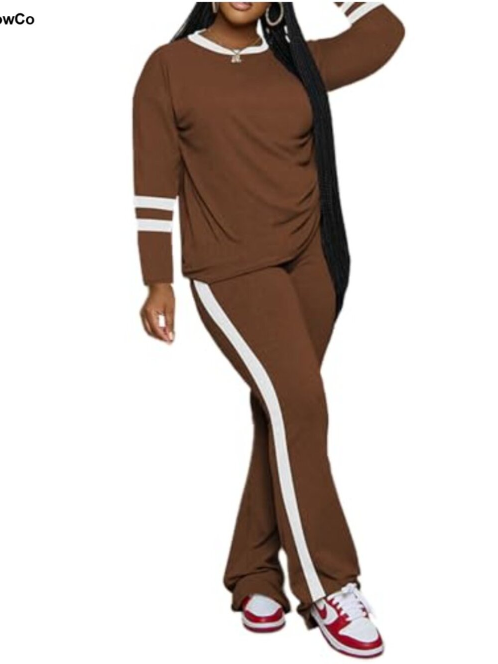Women 2 Piece Lounge Set Long Sleeve Top Flare Pants Tracksuit Polyester